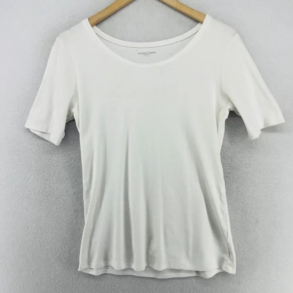 EILEEN FISHER Top S Organic Cotton Ribbed Jersey Scoop Neck Short Sleeve White